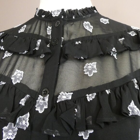 Shoshanna Women's M Terra Top Black Semi Sheer Floral Button Up Ruffle Detail - Picture 2 of 11